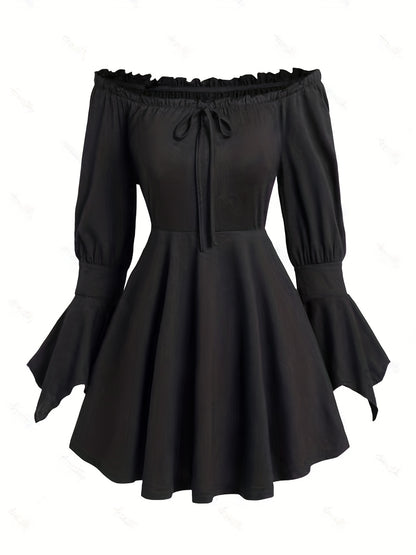 gbolsos  Tie Front Flared Sleeve Dress, Elegant Lettuce Trim A Line Dress, Women's Clothing