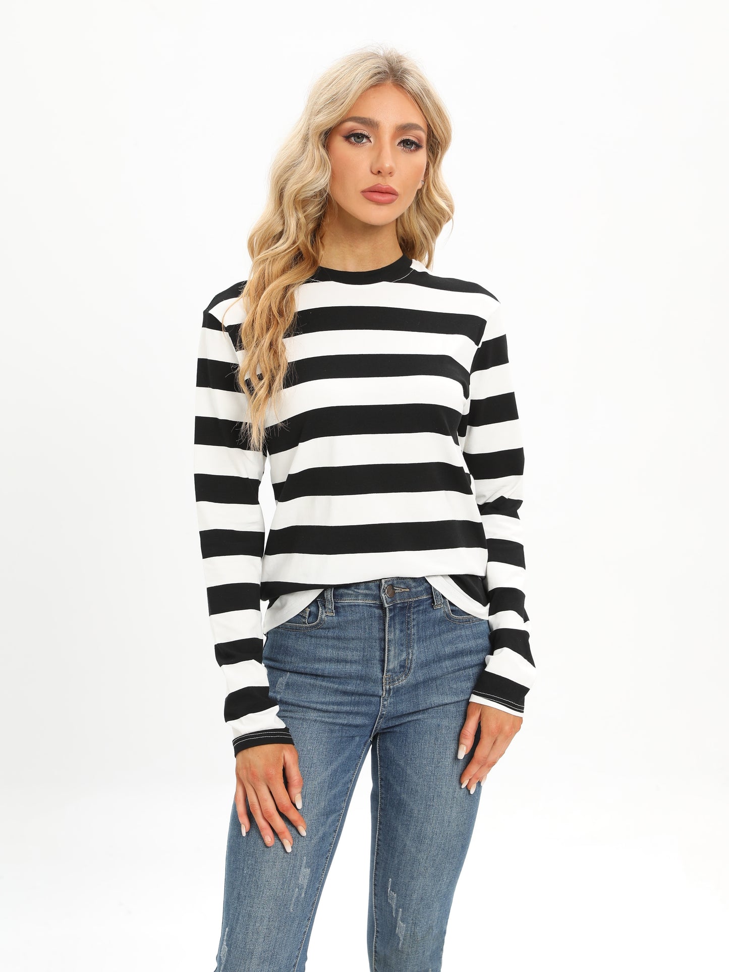kkboxly  Casual Striped Long Sleeve T-Shirts, Striped T Shirts Crew Neck Tops, Women's Clothing