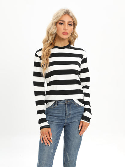 kkboxly  Casual Striped Long Sleeve T-Shirts, Striped T Shirts Crew Neck Tops, Women's Clothing