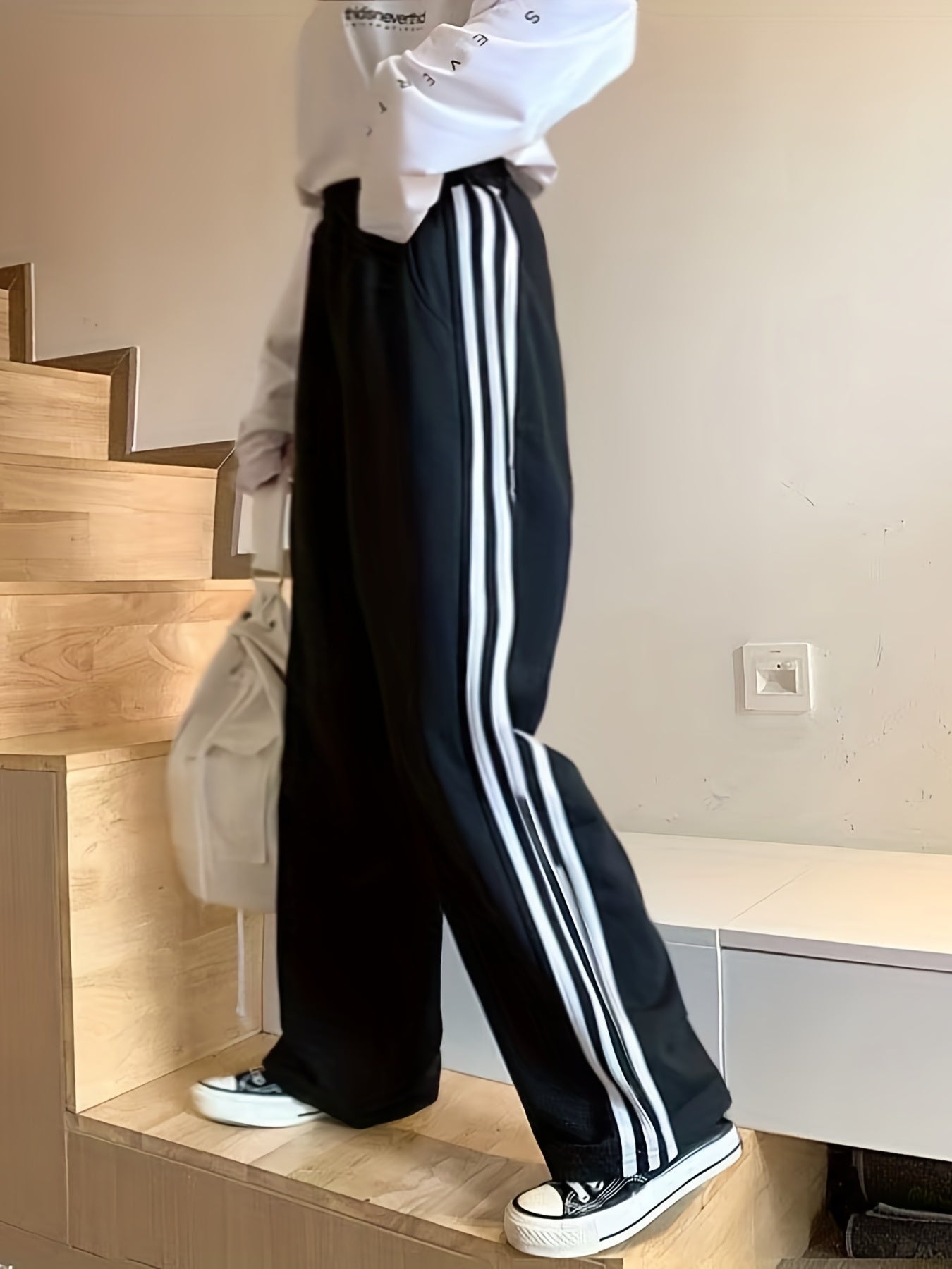 gbolsos Plus Size Casual Pants, Women's Plus Stripe Print Elastic High Rise Wide Leg Slight Stretch Loose Pants