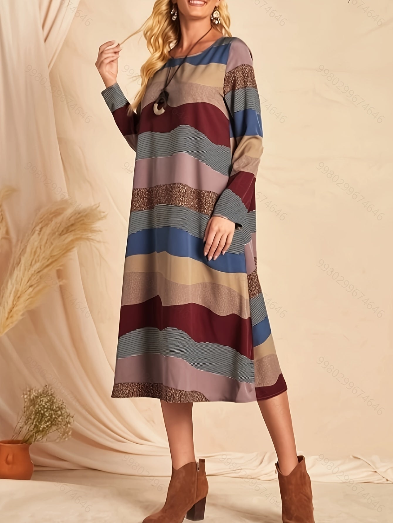 gbolsos Striped Crew Neck Dress, Elegant Long Sleeve Dress For Spring & Fall, Women's Clothing
