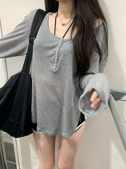 gbolsos  Grey Single-breasted Scoop Neck Cover Up T-shirt Top, Long Sleeve Semi Sheer Loose Fit Solid Color Sun Protection Beach Coverup Shirt, Women's Swimwear & Clothing