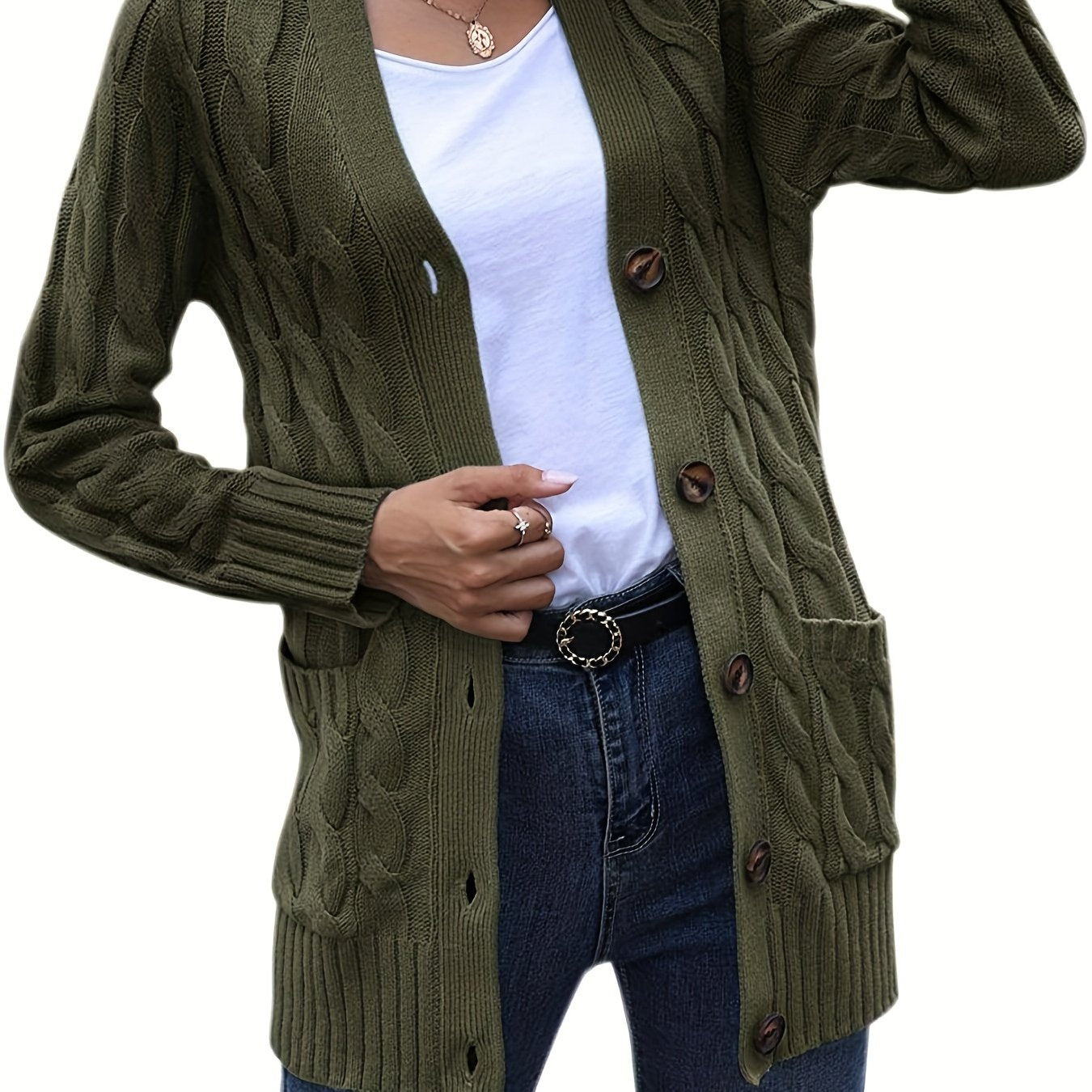 2025 gbolsos  Cable Knit Button Front Cardigan, Casual Long Sleeve Cardigan For Fall & Winter, Women's Clothing