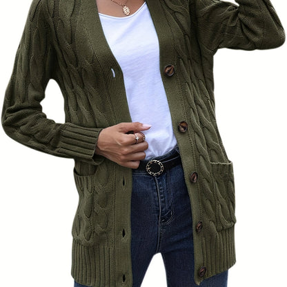 2025 gbolsos  Cable Knit Button Front Cardigan, Casual Long Sleeve Cardigan For Fall & Winter, Women's Clothing