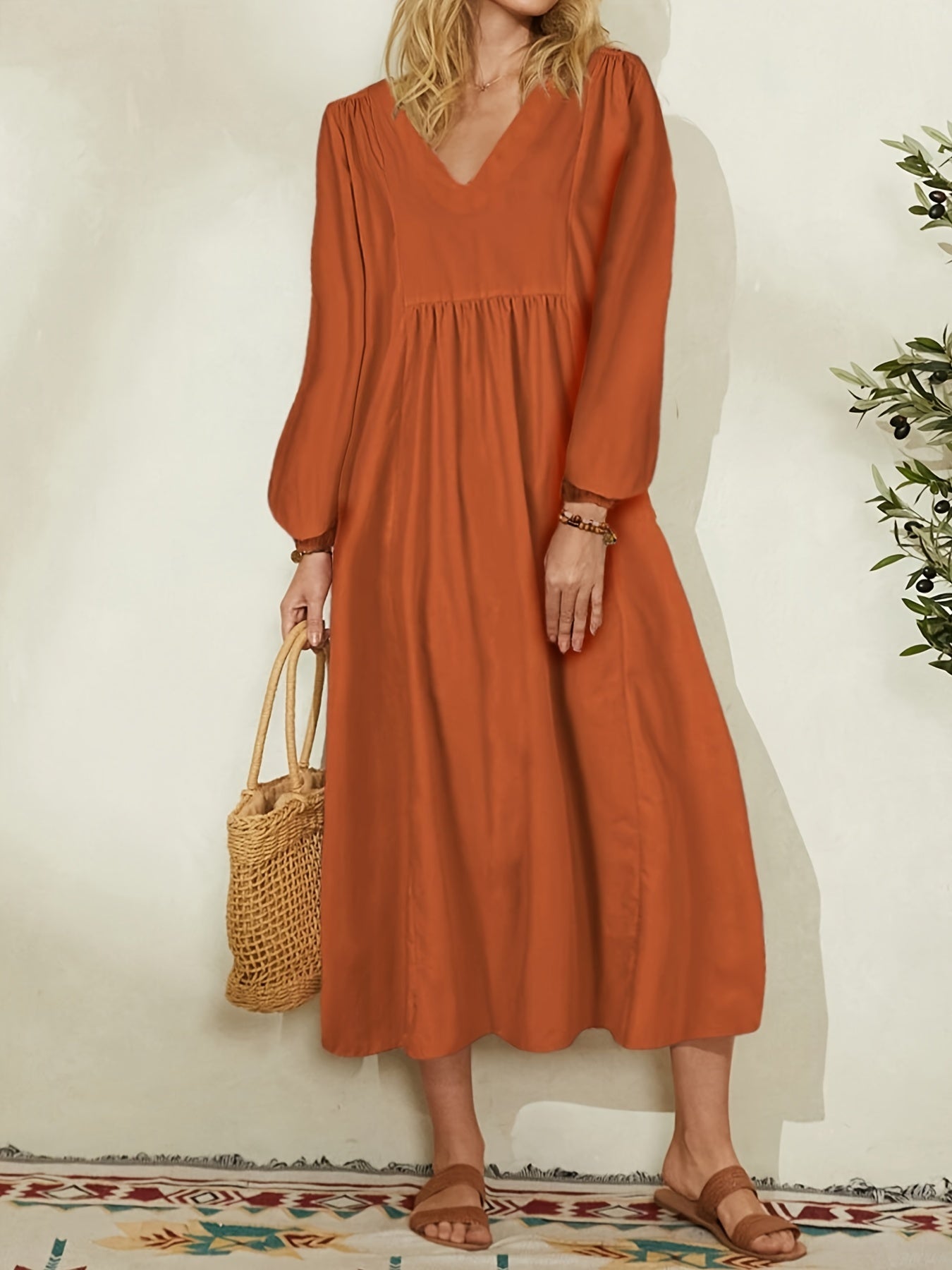 gbolsos  Long Sleeve Loose Dress, V Neck Casual Dress For Spring & Fall, Women's Clothing