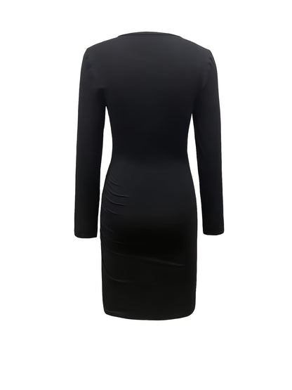 gbolsos  Solid Ruched Dress, Elegant Asymmetrical Hem Long Sleeve Dress, Women's Clothing