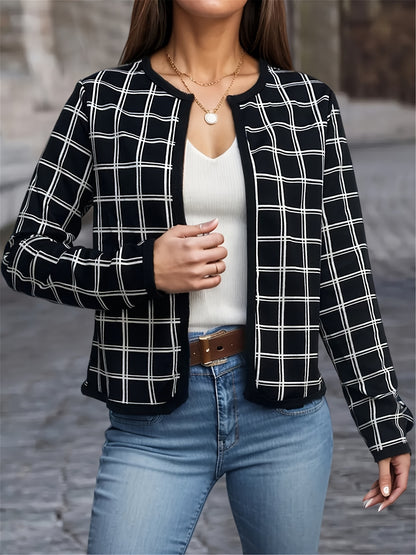 gbolsos Houndstooth Print Jacket, Casual Open Front Crew Neck Long Sleeve Outerwear, Women's Clothing