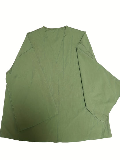 Plus Size Casual Overcoat, Women's Plus Solid Long Sleeve Slight Stretch Kimono Cardigan
