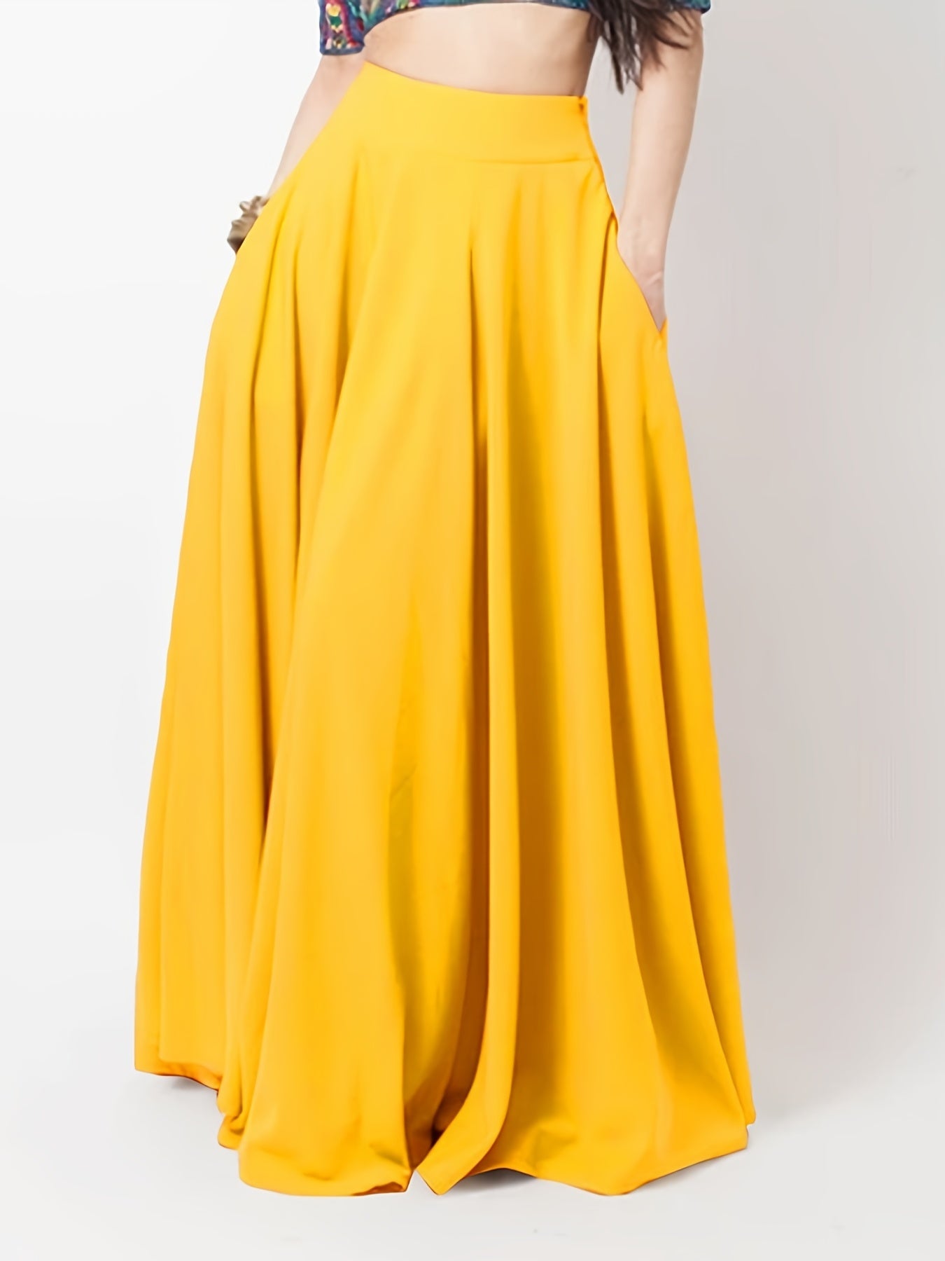 gbolsos  Pleated Long Skirt, Loose Solid Casual Skirt For Spring & Summer, Women's Clothing