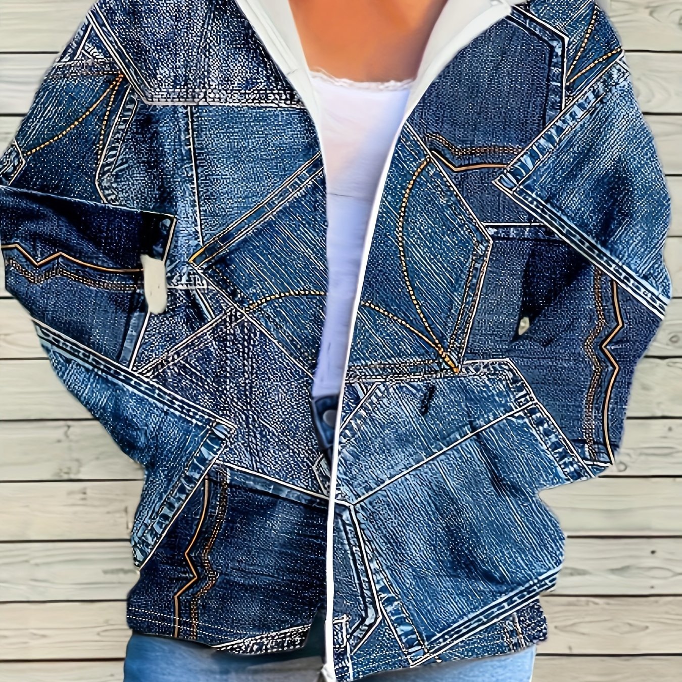Plus Size Casual Coat, Women's Plus Denim Print Hoodie Long Sleeve Coat With Pockets