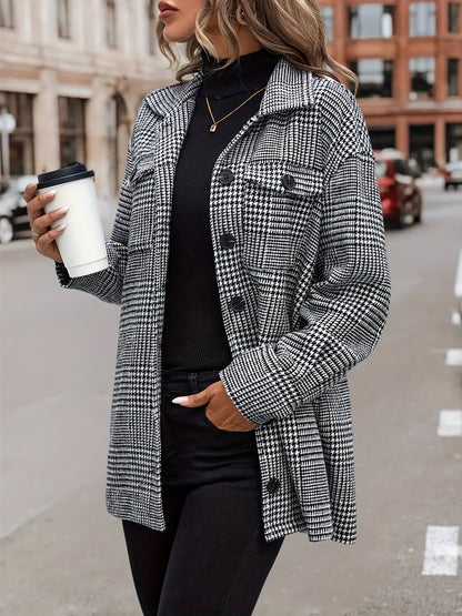 gbolsos  Houndstooth Flap Pockets Jacket, Casual Long Sleeve Single Breasted Jacket, Women's Clothing
