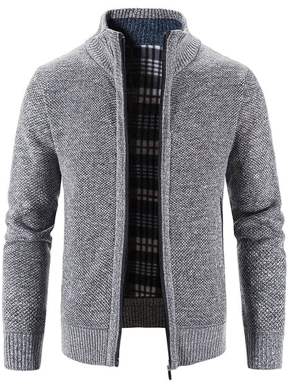 gbolsos  Warm Stand Collar Fleece Jacket, Men's Semi-formal Comfortable Solid Color Zip Up Knitted Cardigan For Spring Fall
