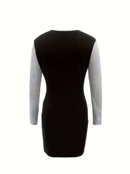gbolsos  Color Block Simple Dress, Elegant Crew Neck Long Sleeve Dress, Women's Clothing