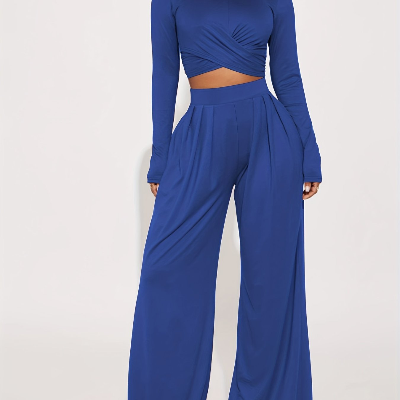 gbolsos  Casual Solid Two-piece Set, Twist Front Tied Crop Top & Wide Leg Pants Outfits, Women's Clothing