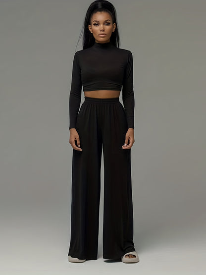gbolsos  Solid Casual Two-piece Set, Mock Neck Long Sleeve Tops & High Waist Wide Leg Pants Outfits, Women's Clothing
