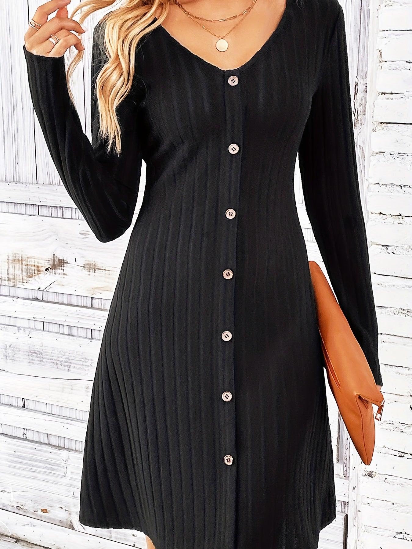 gbolsos  Solid Ribbed Dress, Casual Button Front V Neck Long Sleeve Dress, Women's Clothing