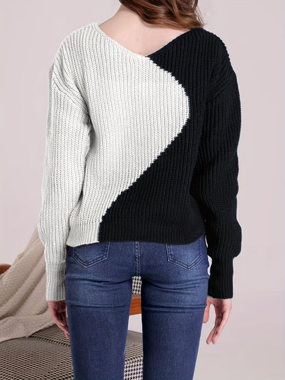 gbolsos  Color Block Drop Shoulder Sweater, Casual V-neck Long Sleeve Sweater, Women's Clothing