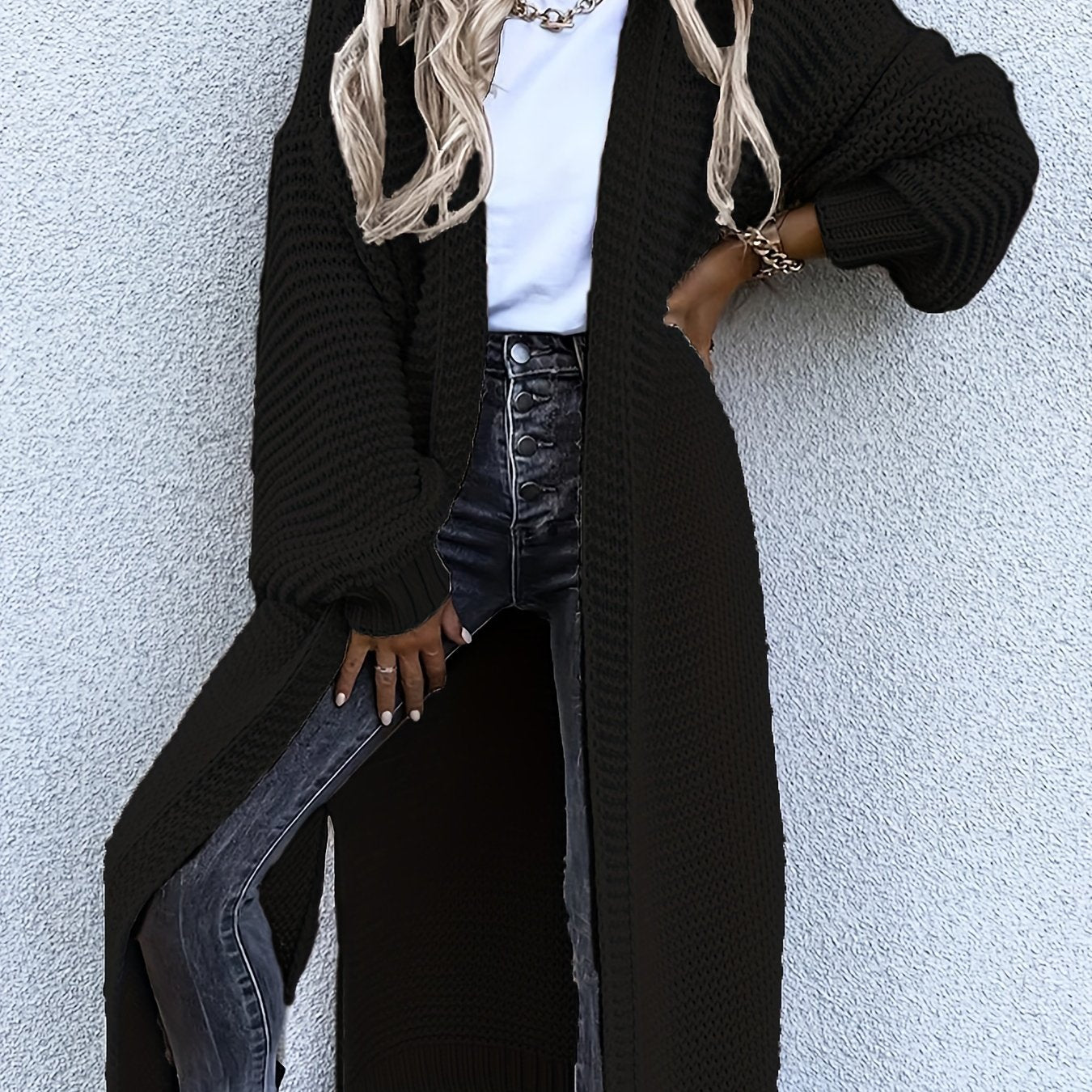 Solid Open Front Side Split Cardigan, Casual Long Sleeve Cardigan For Spring & Fall, Women's Clothing