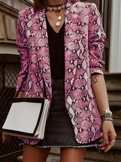 Plus Size Casual Blazer, Women's Plus Snake Pattern Lapel Collar Open Front Long Sleeve Slim Fit Blazer