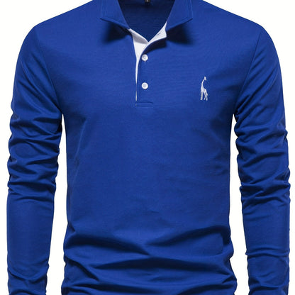 gbolsos  Men's Solid Giraffe Embroidery Long Sleeve Tennis Shirts, Slight Stretch All-match Fashion Men's Top