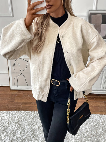 gbolsos  Button Front Top-stitching Jacket, Casual Long Sleeve Slant Pockets Jacket For Fall & Winter, Women's Clothing