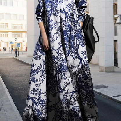 gbolsos  Vintage Graphic Print V-neck Dress, Elegant Long Sleeve Maxi Dress For Spring & Fall, Women's Clothing
