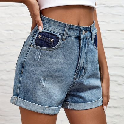 gbolsosRipped Roll Up Hem High Waist Denim Shorts, Water Embossed Crotch Vintage Color Block Pants, Women's Denim Jeans & Clothing
