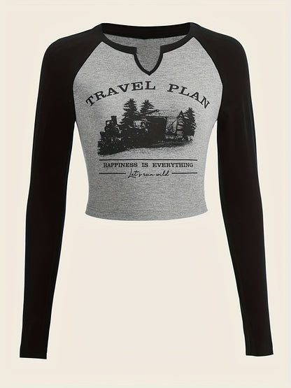 gbolsos  Graphic & Letter Print Notched Neck T-shirt, Y2K Long Sleeve Raglan Shoulder Top, Women's Clothing
