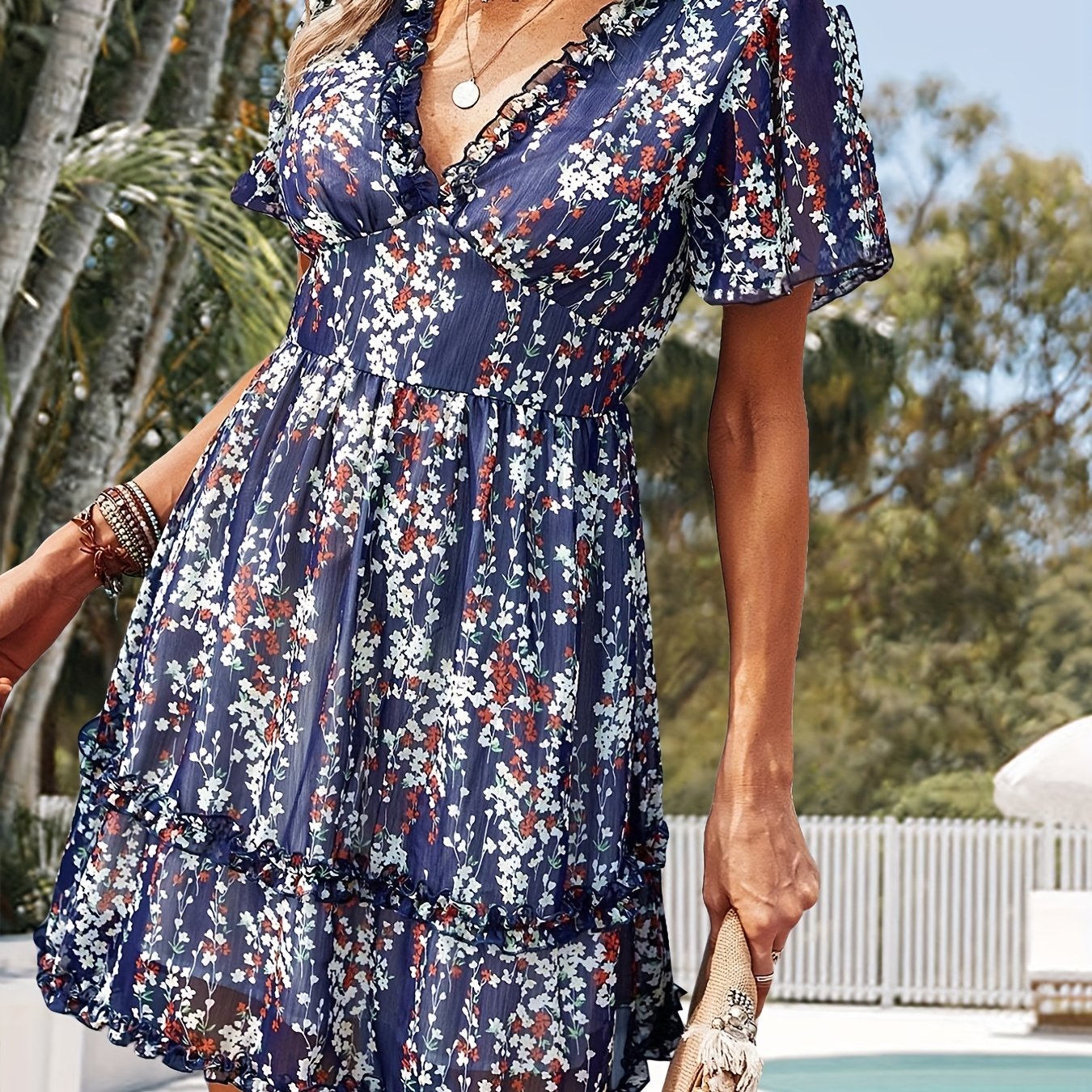 gbolsos  Floral Print V Neck Dress, Casual Flutter Sleeve Ruffle Trim Dress For Spring & Summer, Women's Clothing
