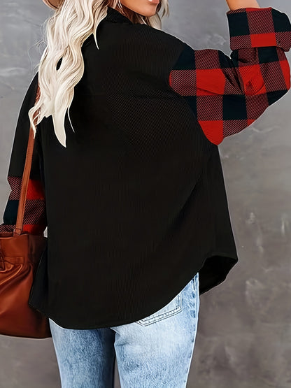 gbolsos  Plaid Print Splicing Shirt, Casual Button Front Long Sleeve Shirt, Women's Clothing