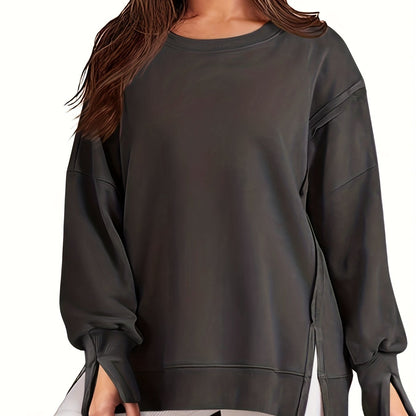 Top-stitching Dipped Hem Pullover Sweatshirt, Casual Long Sleeve Crew Neck Sweatshirt For Fall & Winter, Women's Clothing