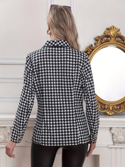 gbolsos  Houndstooth Print Single Breasted Blazer, Casual Lapel Long Sleeve Blazer, Women's Clothing