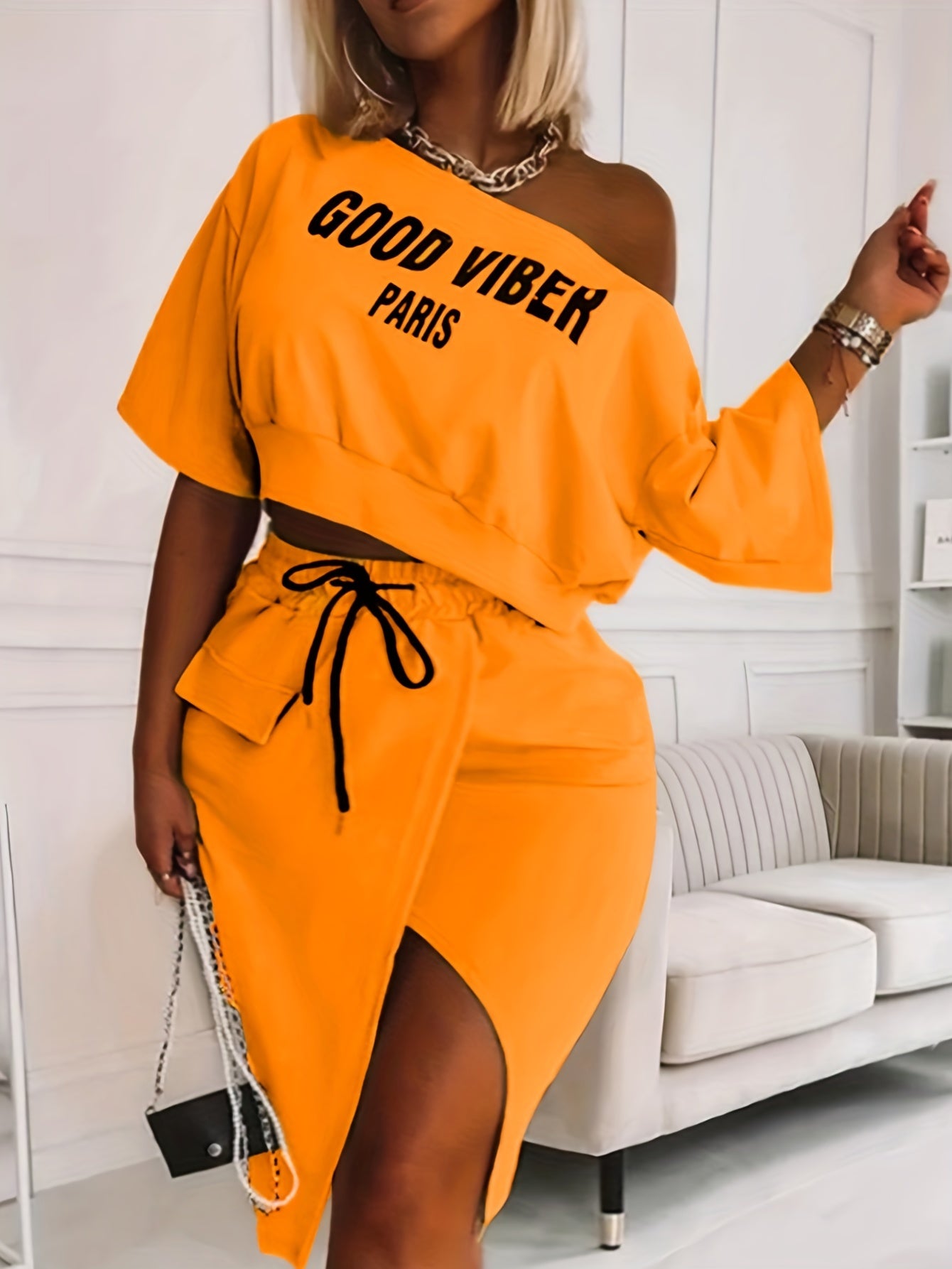 2025 elveswallet  Plus Size Casual Outfits Two Piece Set, Women's Plus Letter Print One Shoulder Short Sleeve Top & Drawstring Split Hem Knee Length Skirt Outfits 2 Piece Set