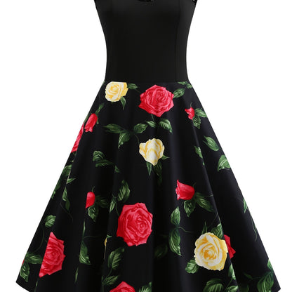 2025 gbolsos  Women's Dresses Contrast Lace Vintage Dark Peony Print Sleeveless Dress