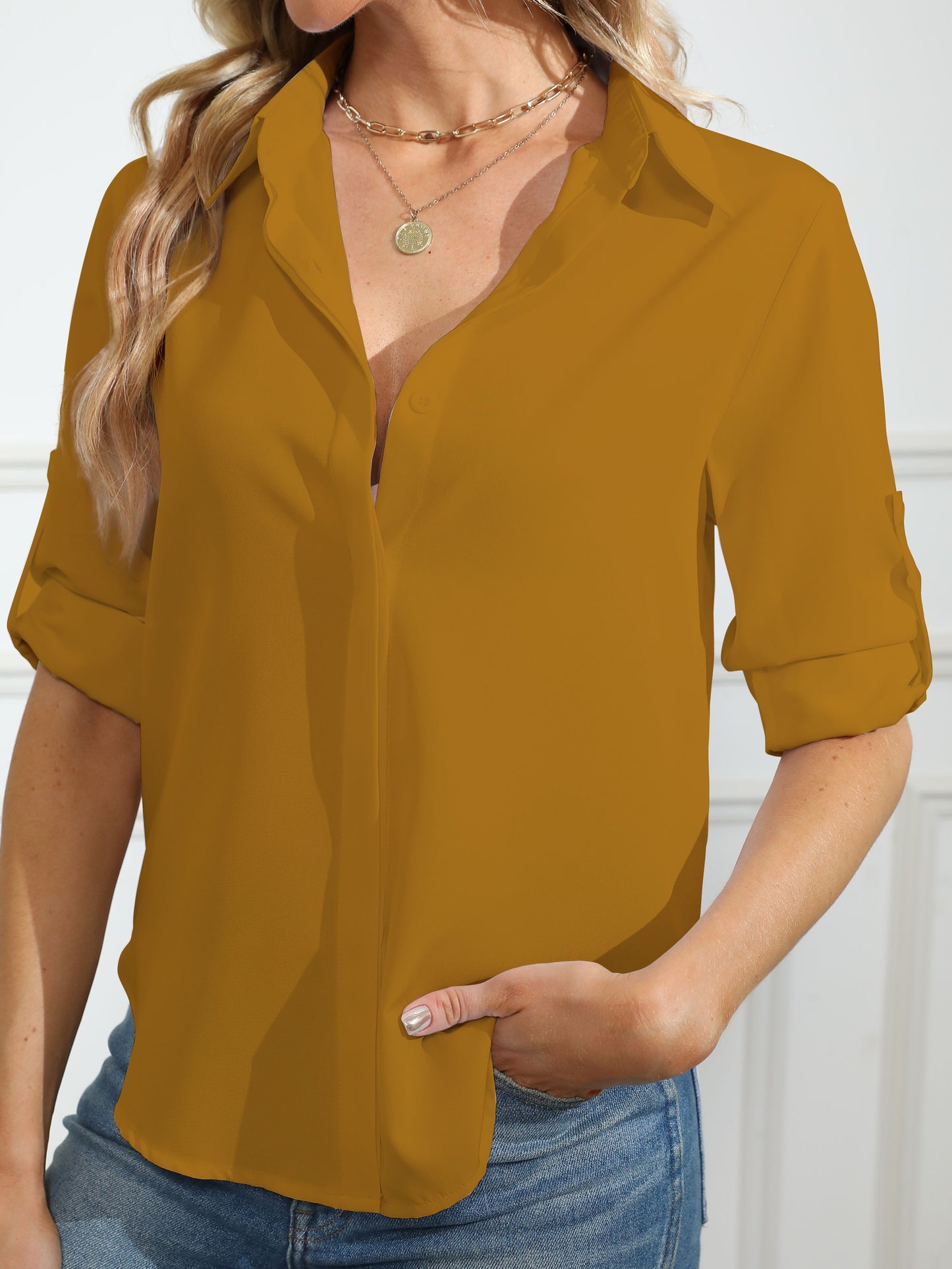 Solid Simple Button Front Shirt, Casual Turn Down Collar Long Sleeve Shirt, Women's Clothing