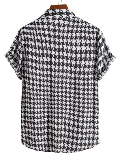 gbolsos   Houndstooth Print -  Button Up Short Sleeve Shirts Summer Casual