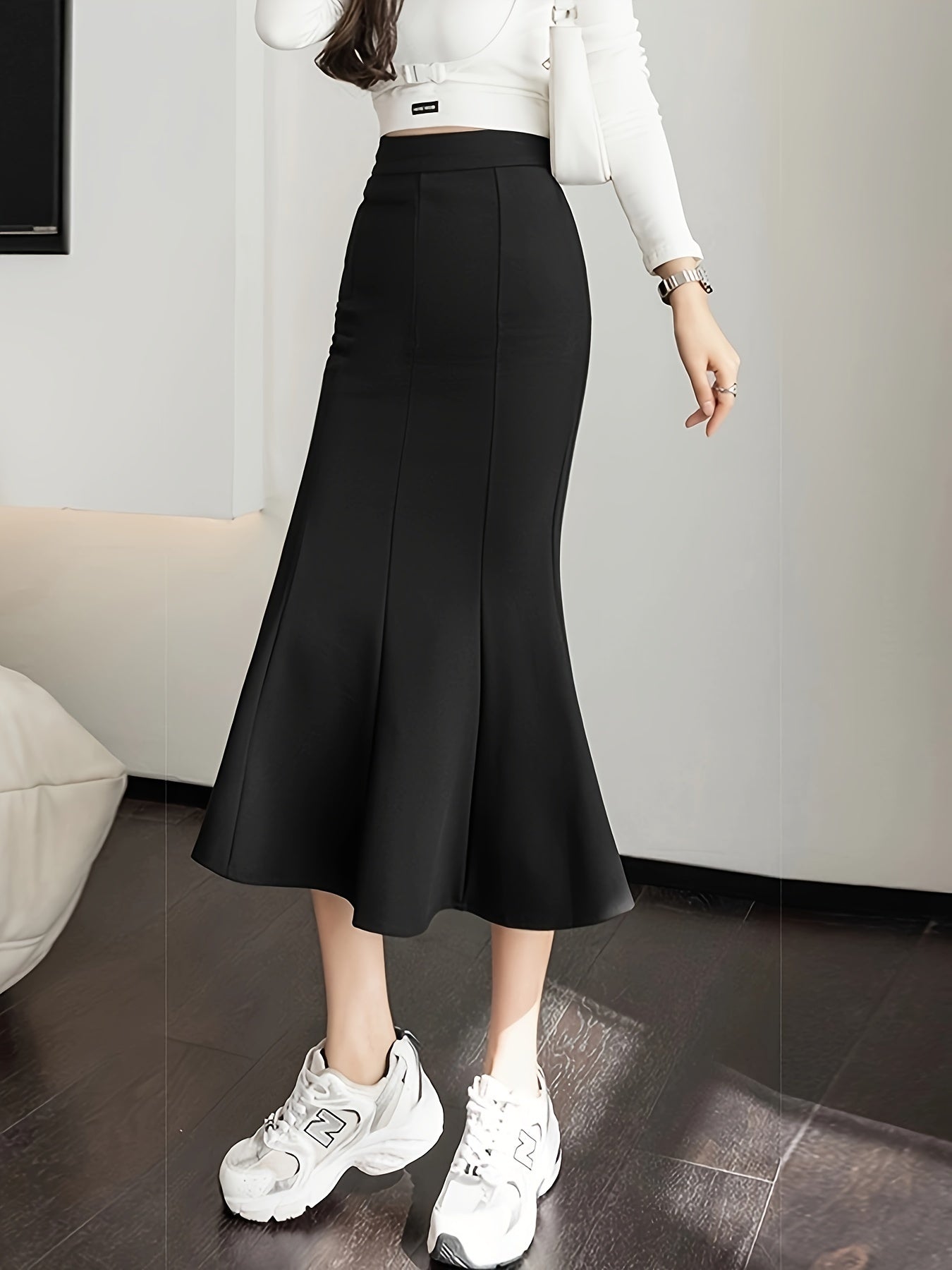 gbolsos  Solid High Waist Bodycon Skirt, Elegant Mermaid Hem Midi Skirt For Spring & Fall, Women's Clothing