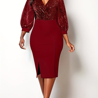 gbolsos  Elegant Skinny Shiny Dress, Long Sleeve V-neck Dress For Party & Banquet, Women's Clothing