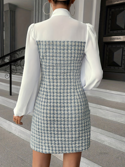 gbolsos  Plaid Splicing Tie Neck Dress, Elegant Lantern Long Sleeve Dress, Women's Clothing