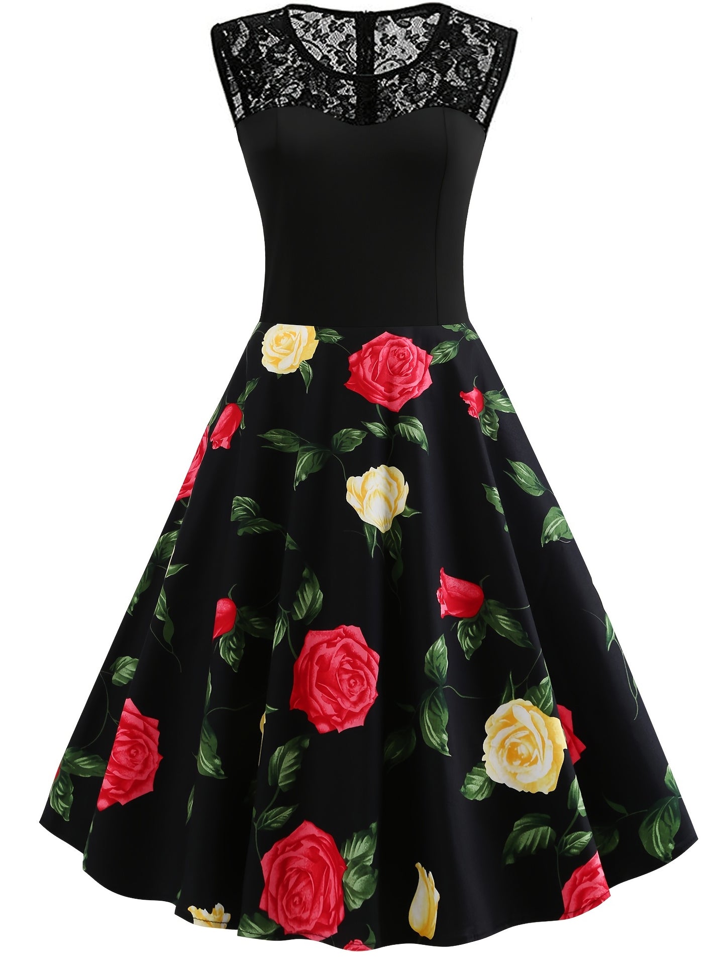 2025 gbolsos  Women's Dresses Contrast Lace Vintage Dark Peony Print Sleeveless Dress