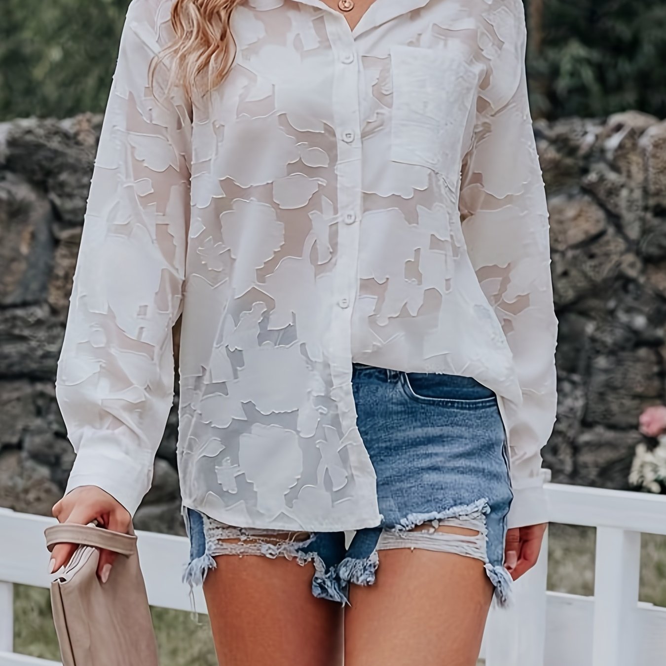 Chiffon Jacquard V-neck Lapel Blouses, Casual Loose Button Down Long Sleeve Fashion Shirts Tops, Women's Clothing