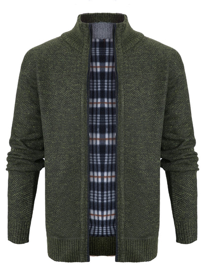 gbolsos  Warm Zip Up Jacket Sweater, Men's Casual Lapel Mid Stretch Slant Pocket Solid Color Cardigan For Fall Winter