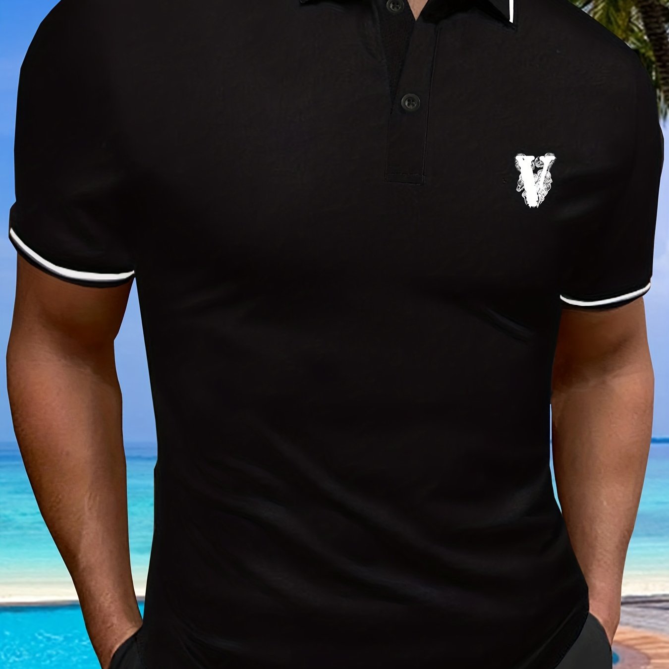Casual Short Sleeves Button Up Graphic Polo Shirts, V-neck Tops Pullovers, Men's Clothing For Summer