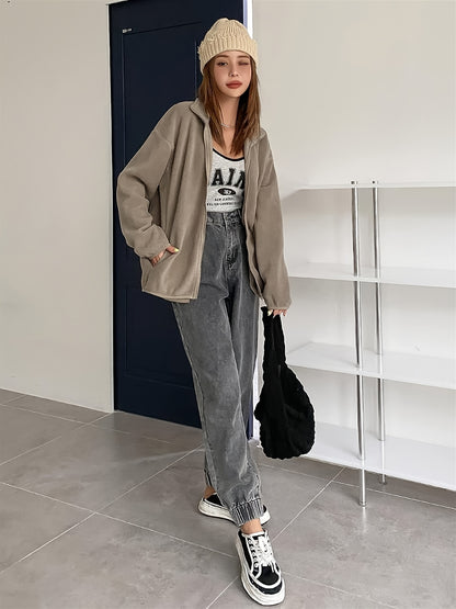 gbolsos  Zip Up Simple Jacket, Casual Solid Long Sleeve Outerwear, Women's Clothing