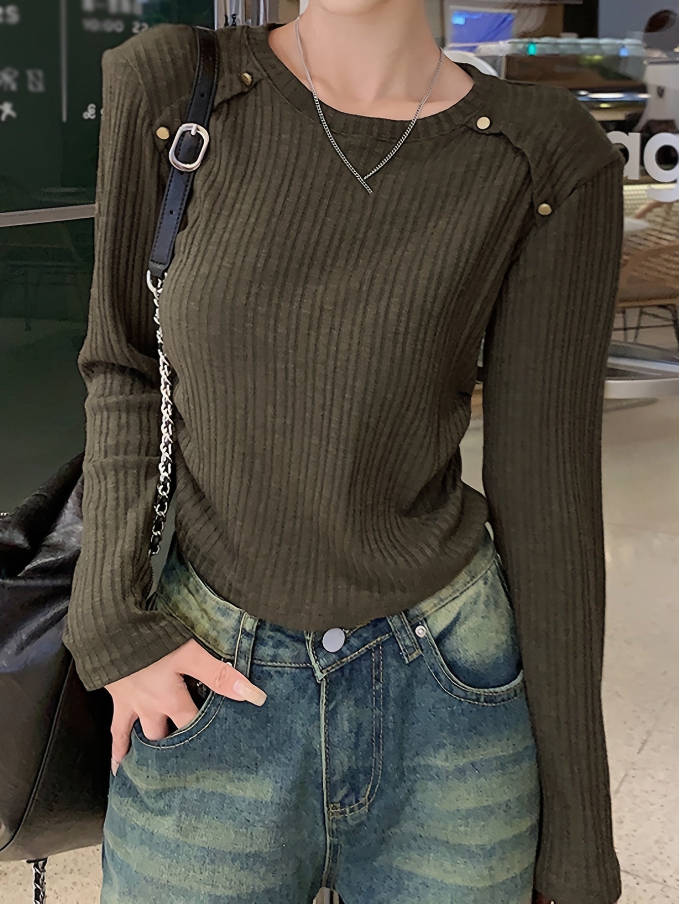 gbolsos Solid Crew Neck Rib Knit Top, Casual Long Sleeve Slim Crop Sweater For Spring & Fall, Women's Clothing