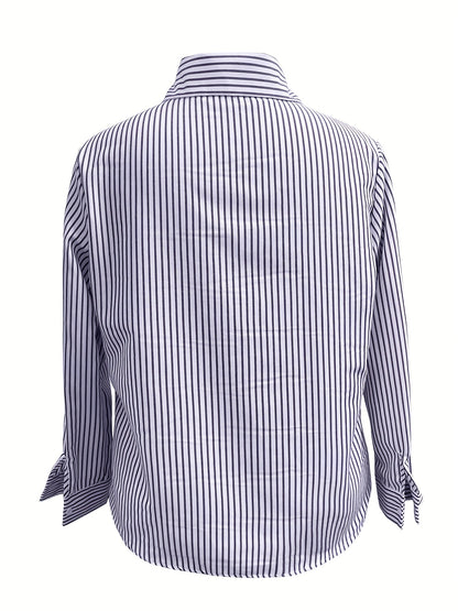 gbolsos  Stripe Print Polo Collar Shirt, Casual Long Sleeve Shirt For Spring & Fall, Women's Clothing
