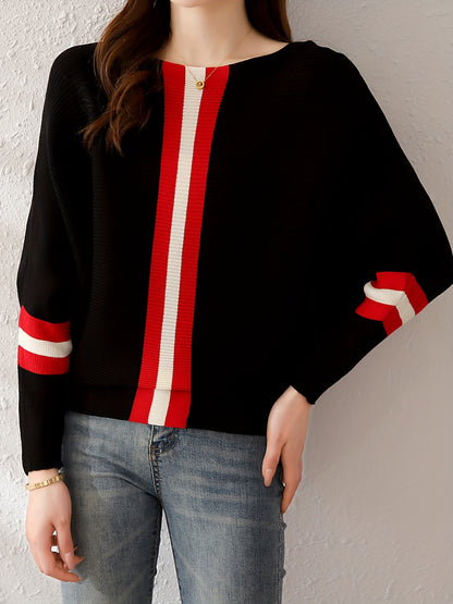 gbolsos  Color Block Boat Neck Knit Sweater, Elegant Long Sleeve Sweater, Women's Clothing