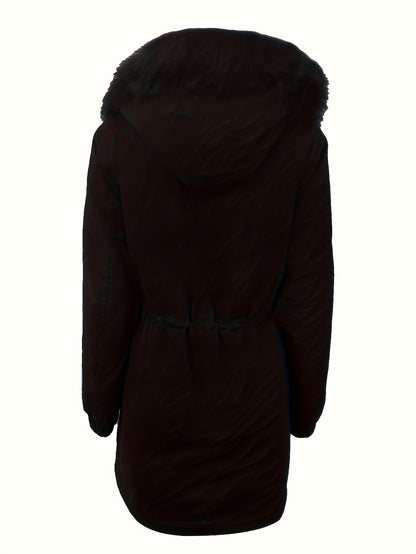 gbolsos  Fluffy Trim Zip Up Jacket, Casual Long Sleeve Drawstring Winter Warm Outerwear, Women's Clothing