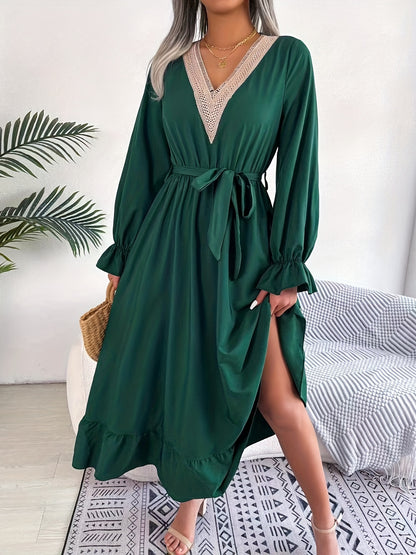 gbolsos  Guipure Lace Ruched Dress, Casual V Neck Long Sleeve Ruffle Hem Dress, Women's Clothing
