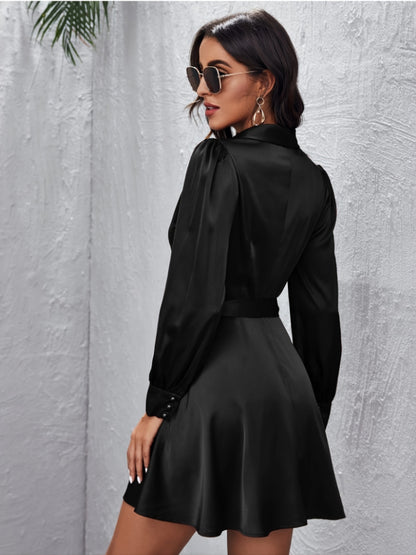 gbolsos  Solid V Neck Long Sleeve Tie Waist Dress, Casual Ruffled Hem Vintage Mini Dress, Women's Clothing